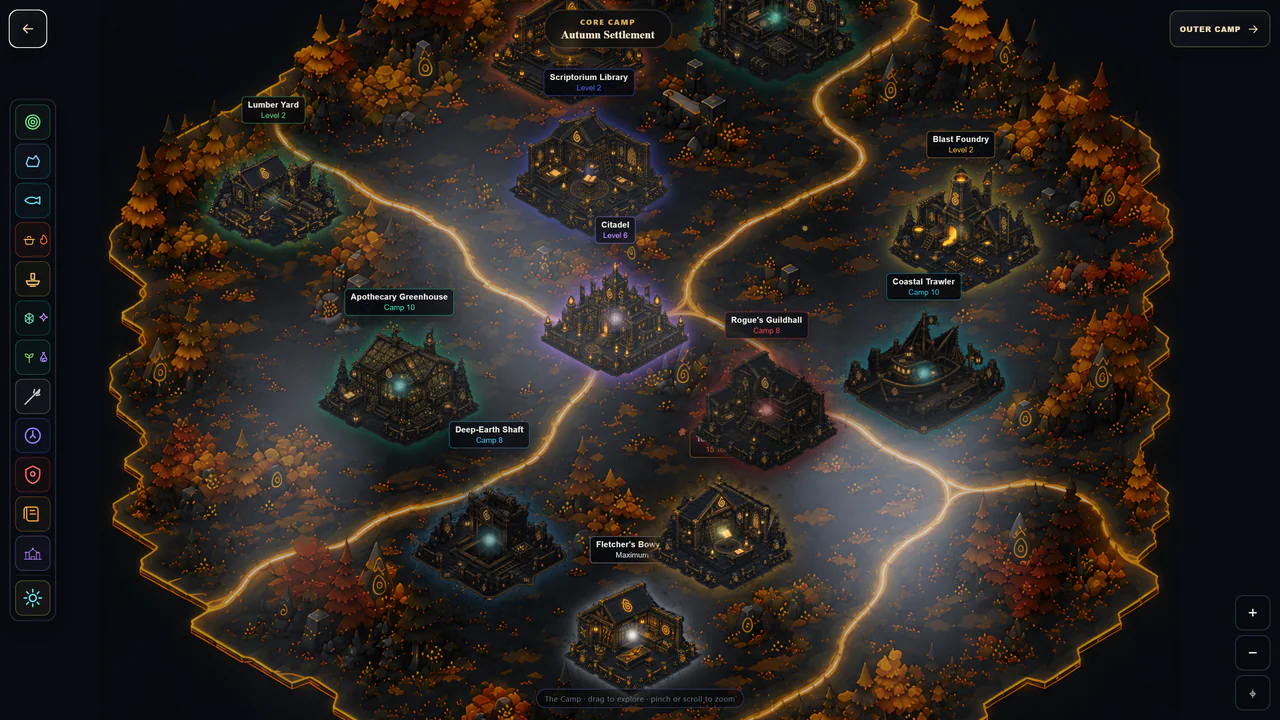 The cinematic Camp map, with named buildings joined by glowing paths through autumn woods