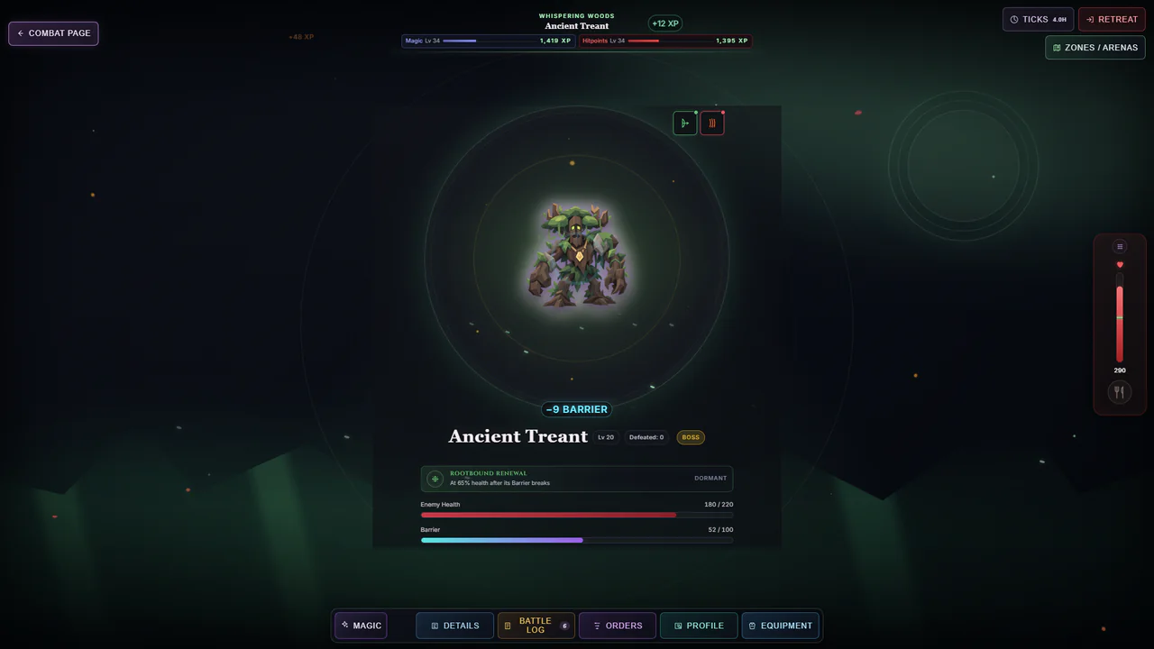 A cinematic battle against the Ancient Treant with combat controls and health displays visible